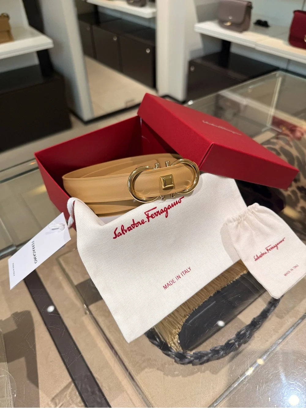 Salvatore Ferragamo Donna H.25 Calfskin Gancini Camel Belt Gold Hardware SZ 100